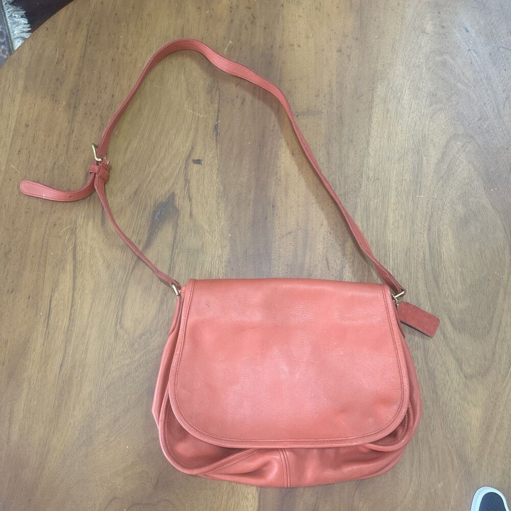 Vintage Coach Town Bag Coral Red Leather Drawstring 1980-1990 Crossbody